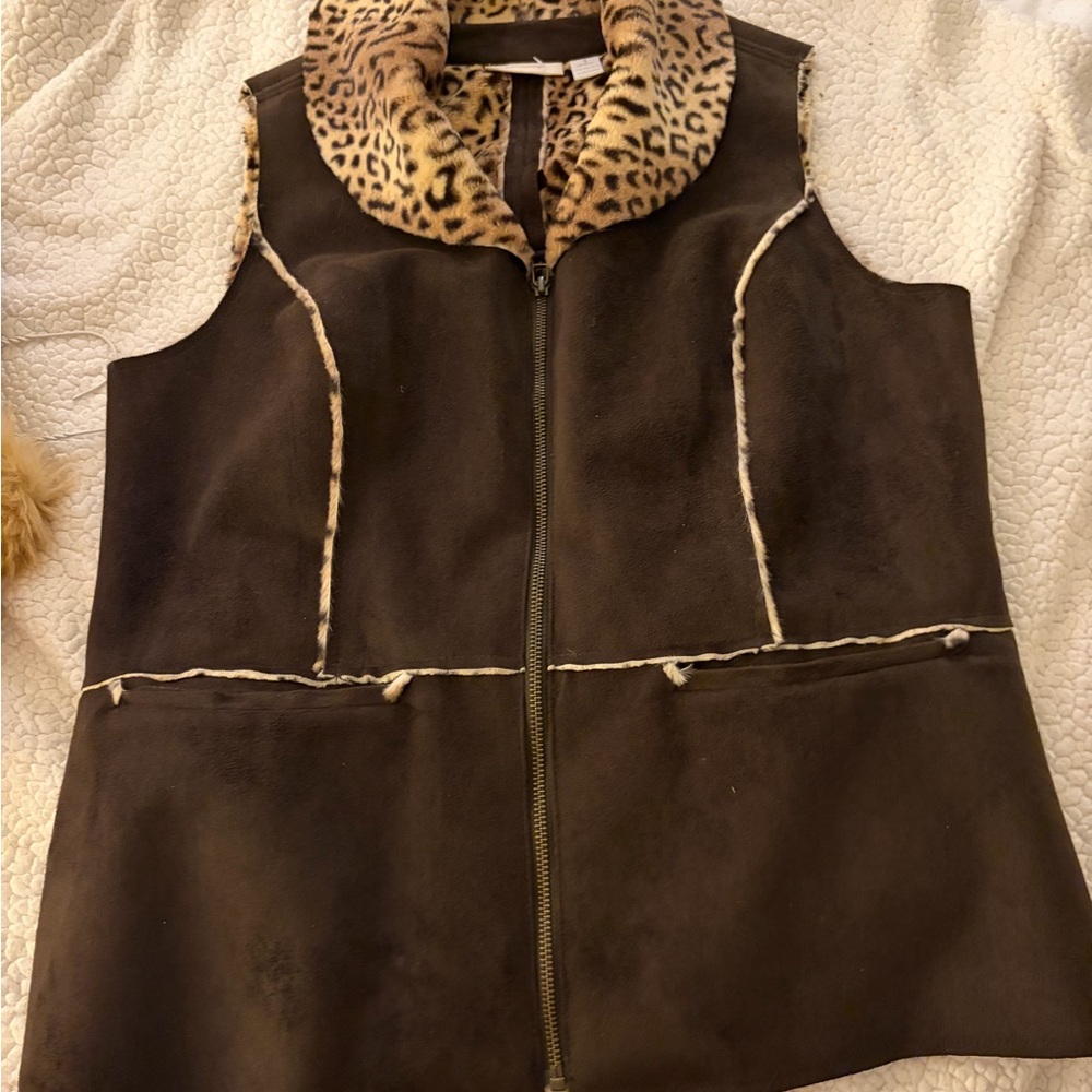 Leopard Trim Brown Vest